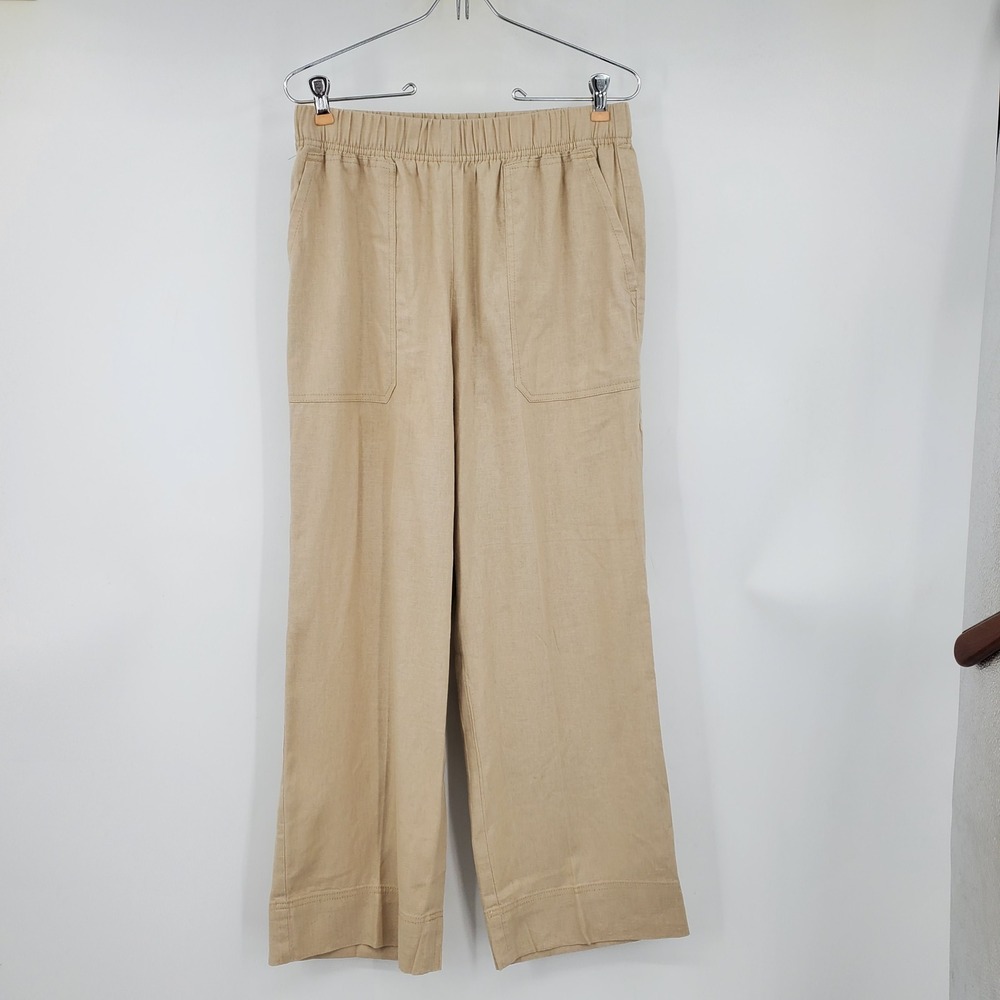 Ann Taylor Weekend Tan Linen Blend Wide Leg Pull On Pants MP Boho Coastal Resort